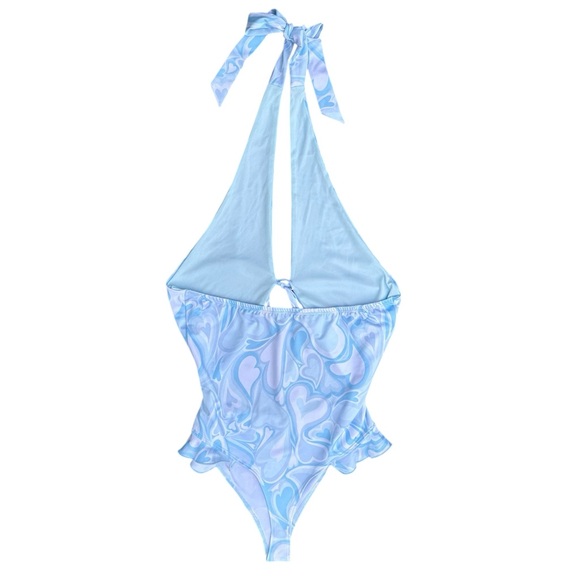 iHeartRaves Bodysuit XL Blue Heart Swirl Halter Cheeky Festival Concert EDC - Picture 2 of 6